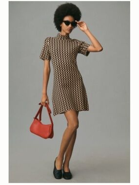 ANTHROPOLOGIE Short-Sleeve Mock-Neck Mod Black & Tan Sweater Mini Dress - 2X